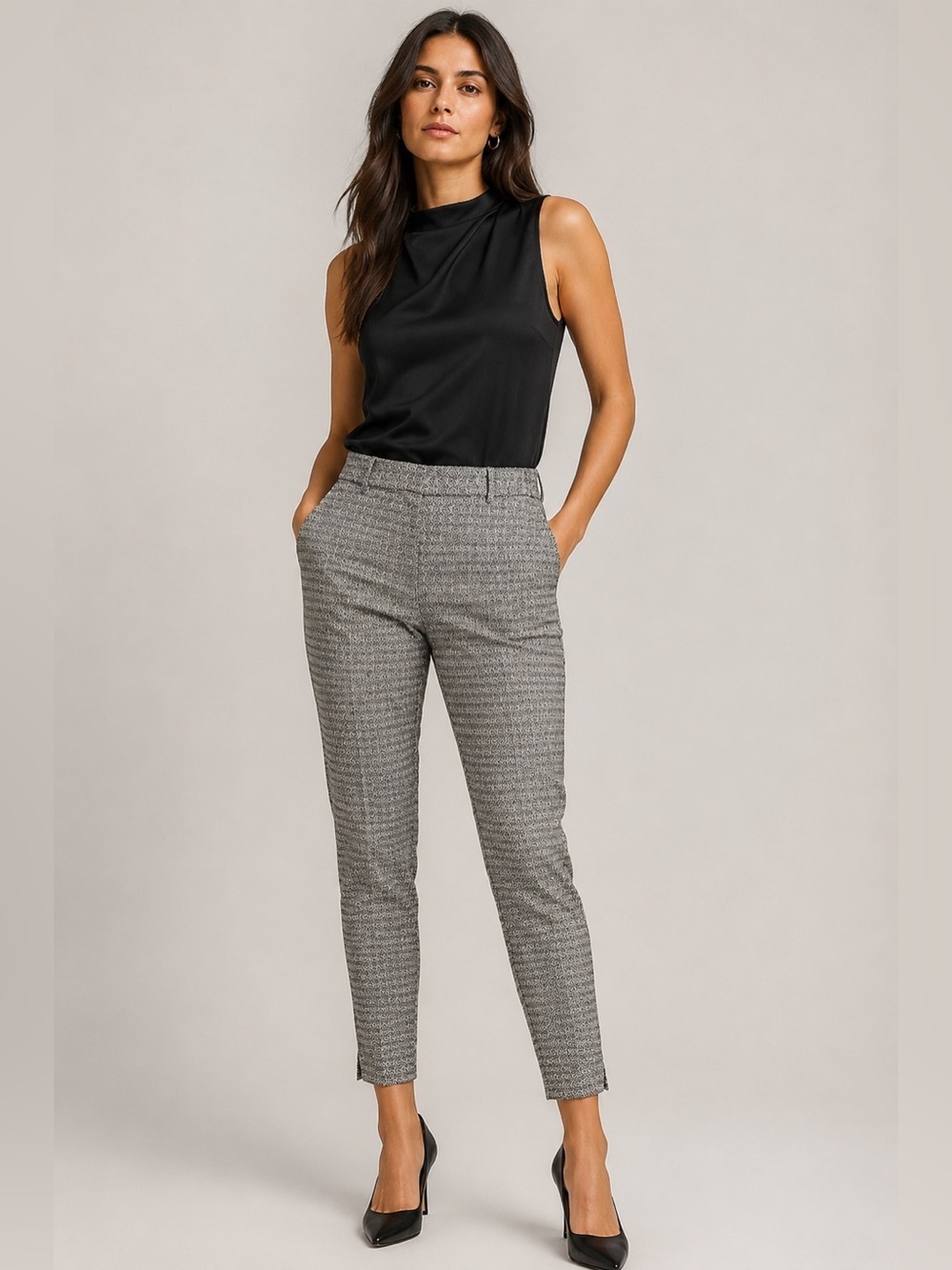 H&M Gray Black Geometric Print Ankle Pants  US 6 Slim Career Office Stretch